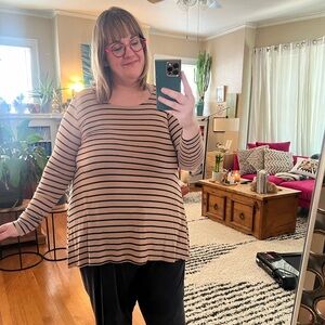 Anthropologie Puella tan + black striped swing top in XL